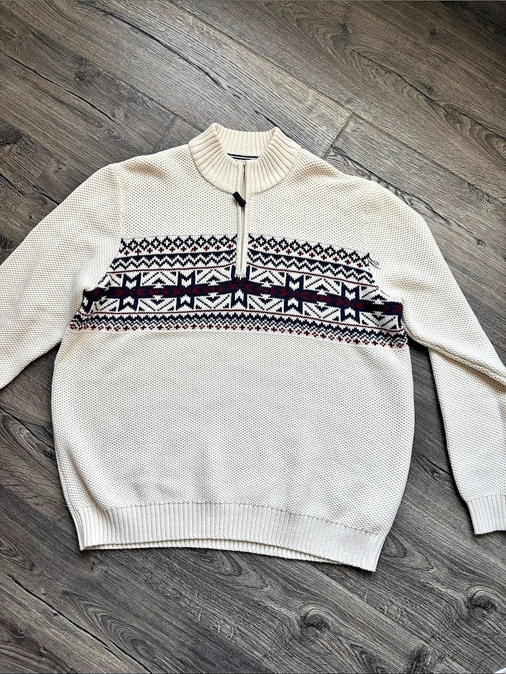 Izod Fair Isle Quarter-Zip Sweater Cream & Blue XL